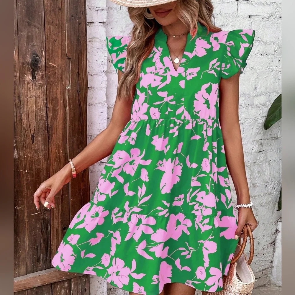 Floral Print Notched Neck Ruffle Trim Smock Dress - Picture 1 of 5